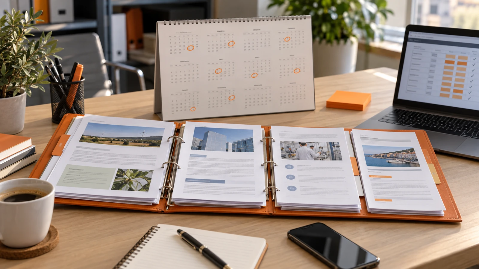 Una carpeta con convocatorias impresas y un calendario de 2027 marcado en naranja sobre la mesa de una oficina.