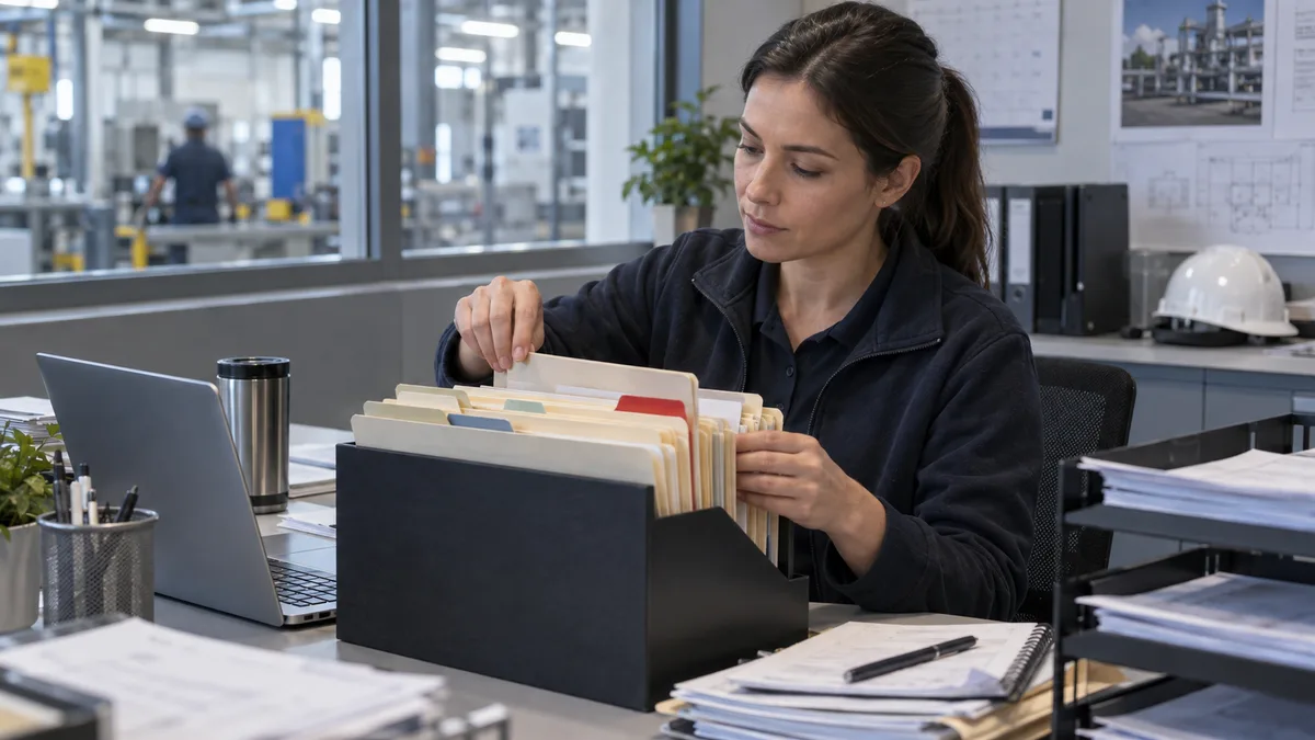 Carpetas con certificados de proveedores y una alerta de vencimiento sobre una mesa de compras industriales.