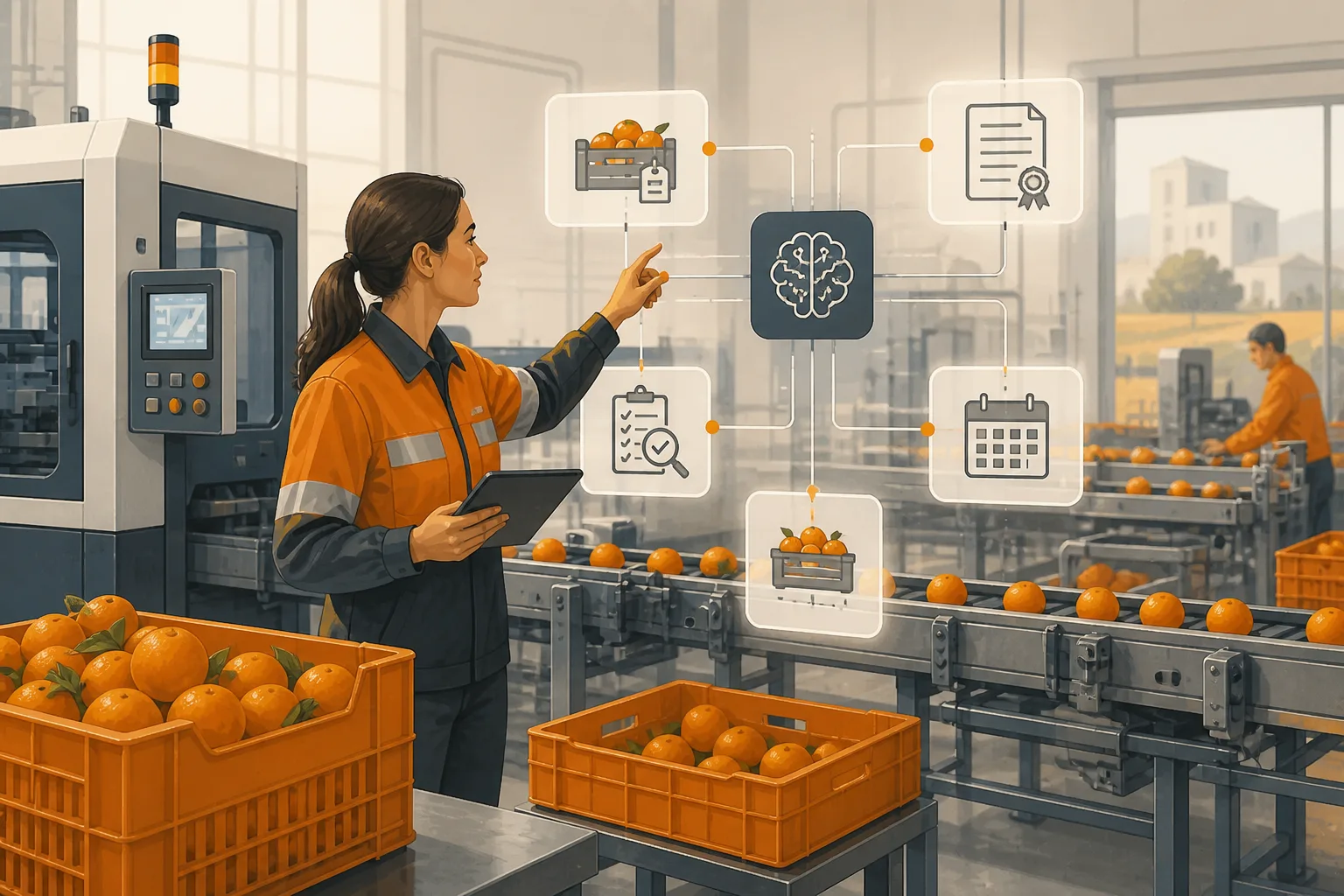 Equipo de calidad y producción en una central hortofrutícola