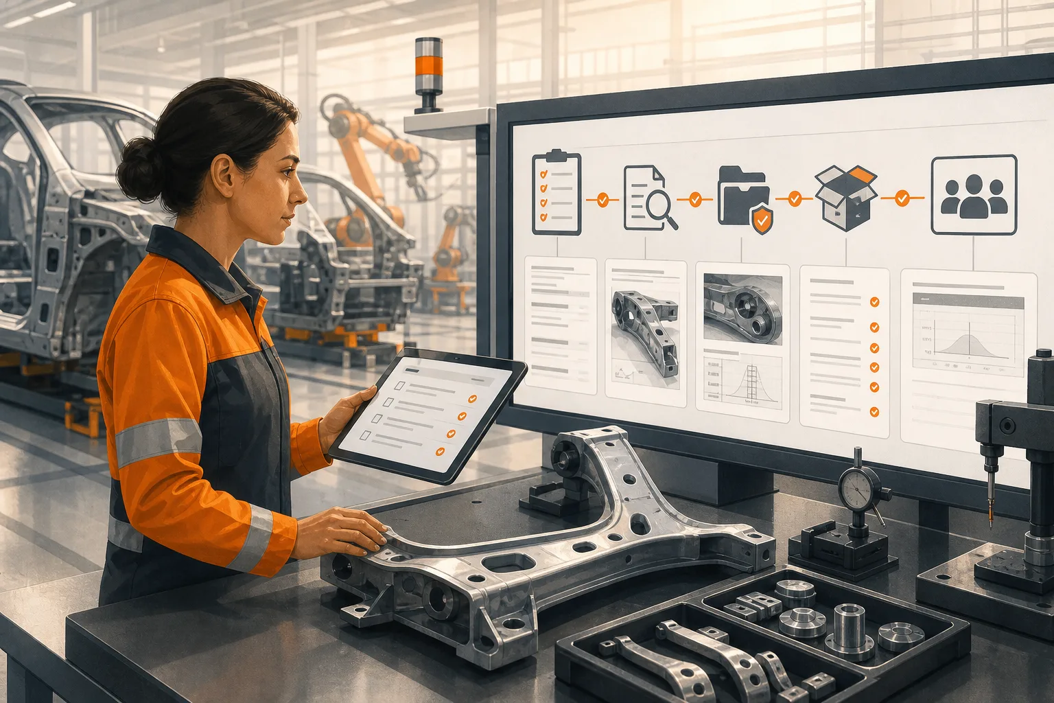 Equipo de calidad inspeccionando componentes en una planta de automoción
