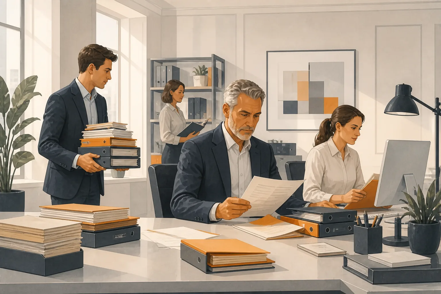 Profesionales revisando expedientes y documentos en un despacho contemporáneo